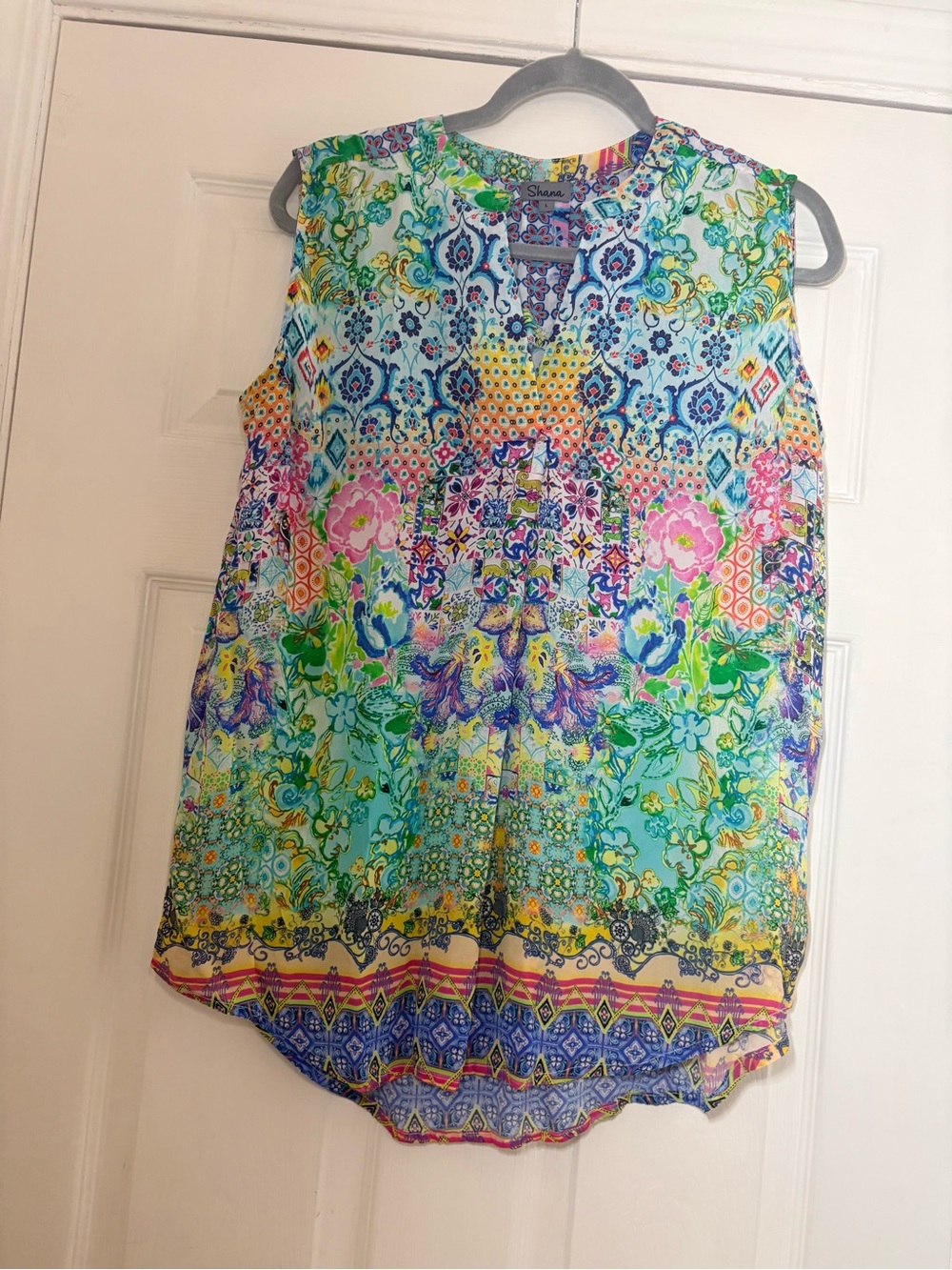 Shana colorful patchwork Floral Sleeves Blouse size L